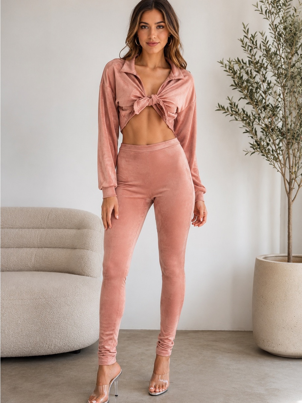 High-Rise Velvet Leggings — Dusty Rose